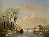 Andreas Schelfhout Wall Art - Skaters on the ice with a Koek En Zopie in the distance